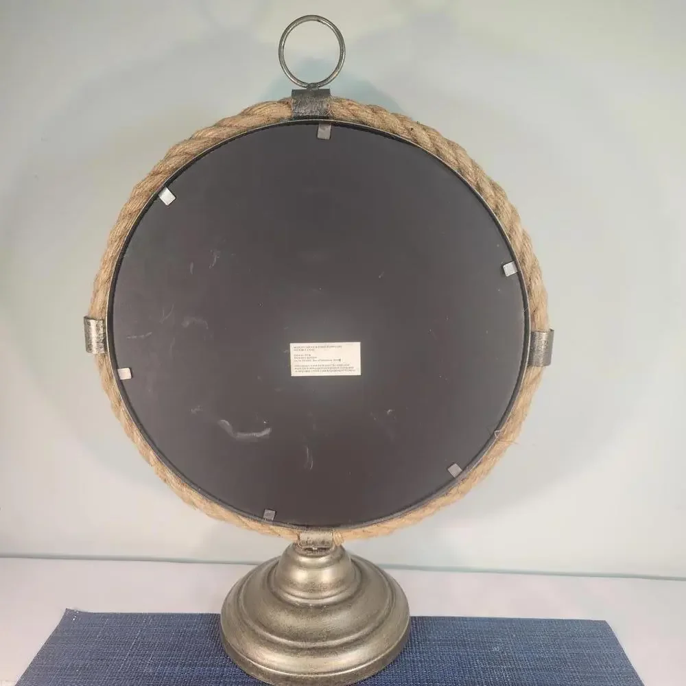 Vintage Round Table Mirror with Rope Frame and Metal Base 18x13 inches